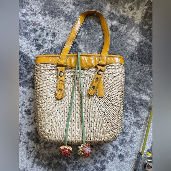 Lucky Brand Raffia Straw Tote Yellow Tan lined Multipurpose/Beach Bag - Picture 1 of 12